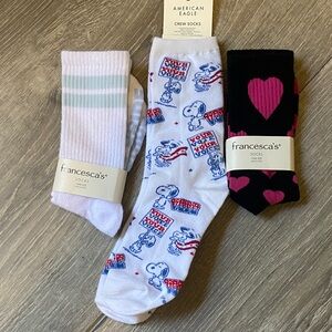 Francesca's & AEO Playful Crew Socks Trio - Pink, White, Black
